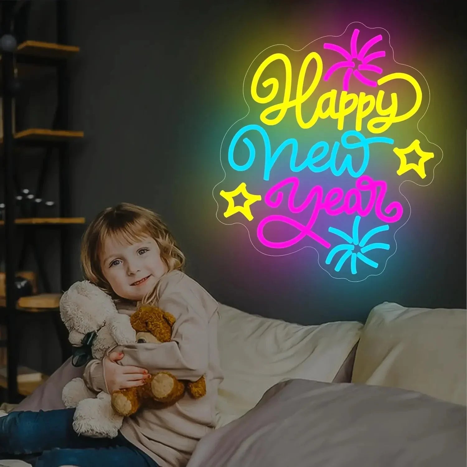 Happy New Year LED Neon Sign – Multicolored Dimmable Wall Light | USB Powered Party & Holiday Decor - Wahtrends