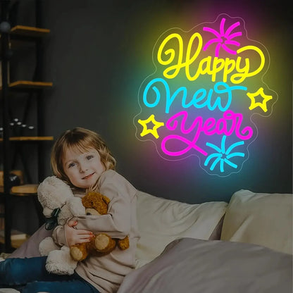 Happy New Year LED Neon Sign – Multicolored Dimmable Wall Light | USB Powered Party & Holiday Decor - Wahtrends