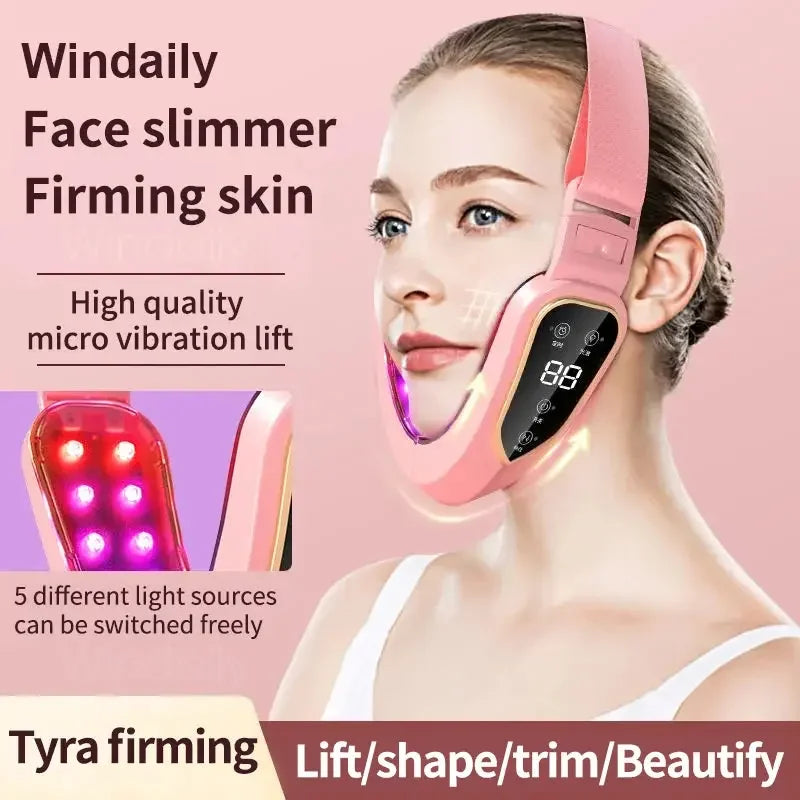 Woman wearing pink Windaily face slimmer device for skin firming and micro vibration lift