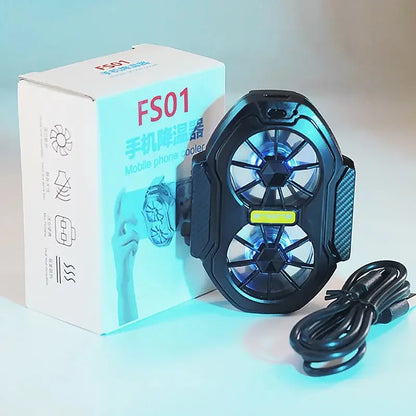 FS01 mobile phone cooler with dual fans and USB cable next to product packaging box