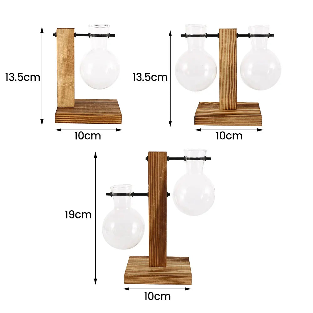 Elegant Glass Planter Propagation Station with Wooden Stand – Hydroponic Vase AE