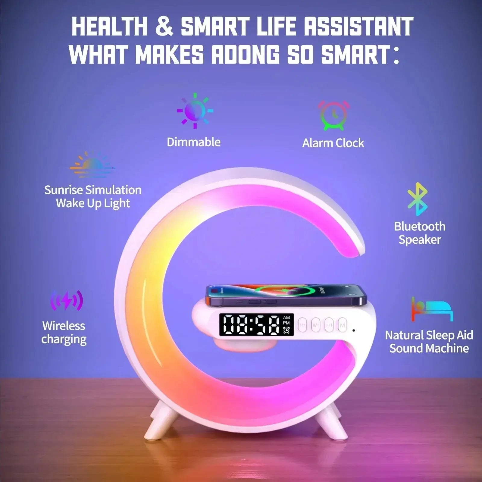 Smart lifestyle alarm clock with dimmable sunrise simulation light, Bluetooth speaker, wireless charging, and sleep aid sound machine