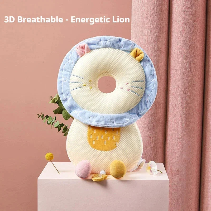 3D breathable baby head protective pillow shaped like an energetic lion with pastel colors