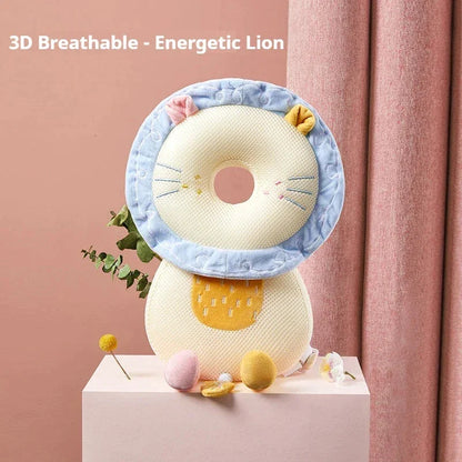 3D breathable baby head protective pillow shaped like an energetic lion with pastel colors