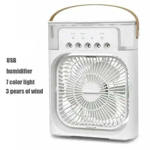 White portable USB humidifier and fan with 7 color lights and 3-speed wind control