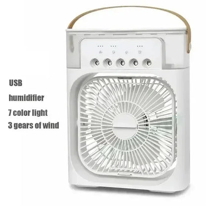 White portable USB humidifier and fan with 7 color lights and 3-speed wind control