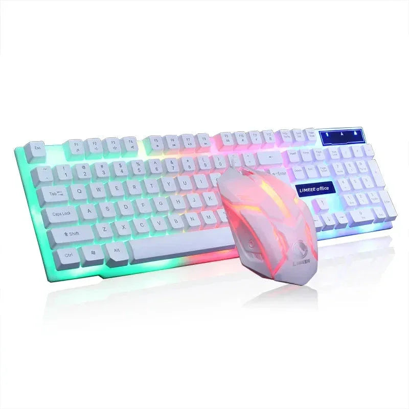 White gaming keyboard and mouse with RGB multicolor backlighting on a reflective surface