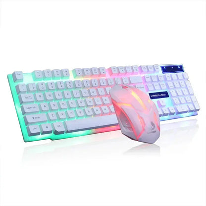 White gaming keyboard and mouse with RGB multicolor backlighting on a reflective surface