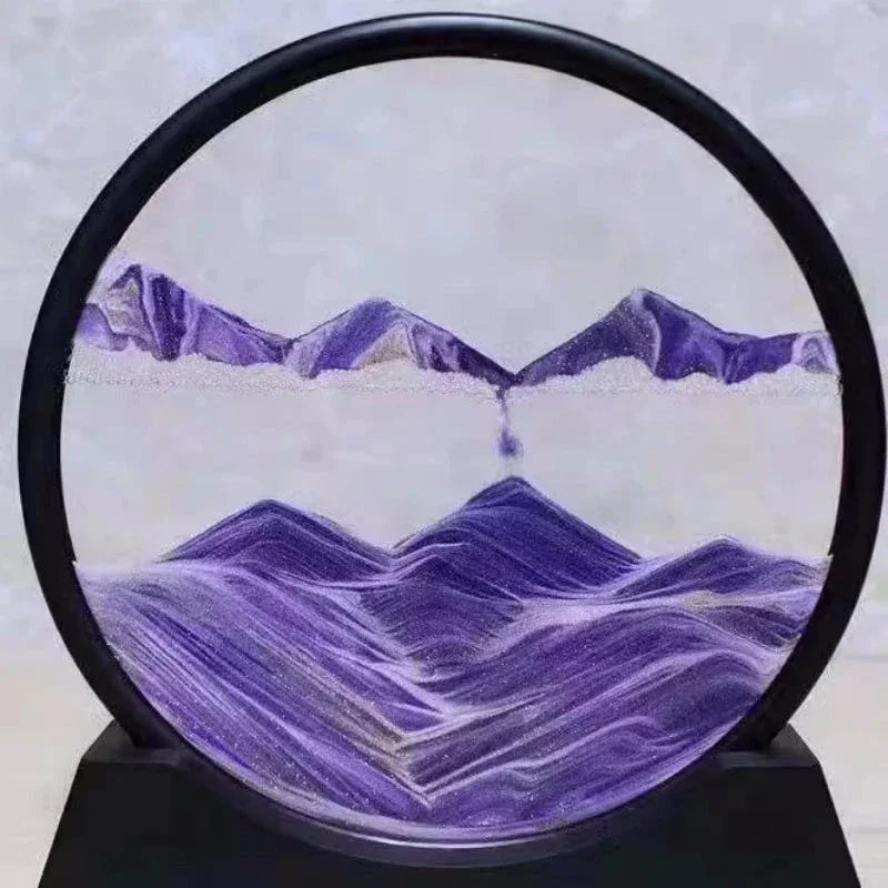 Round purple sand art with flowing mountain landscape design in black frame