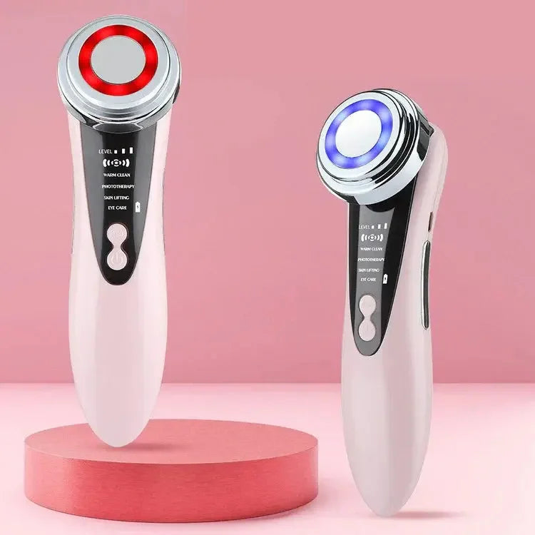 Pink handheld LED light therapy facial devices with red and blue glowing rings for skin care