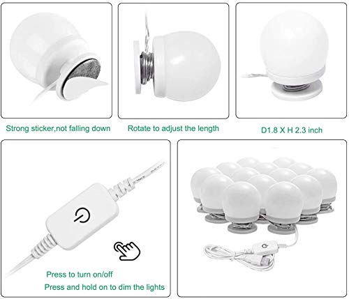 Hollywood LED Vanity Mirror Lights Kit, Dimmable Stick on USB Vanity Lights,Makeup Light Strip for for Bedroom, Dressing Room, Wedding, Party illuminating, CRI>90 (4000K Natural White 14 Bulbs 5V USB) Wahtrends