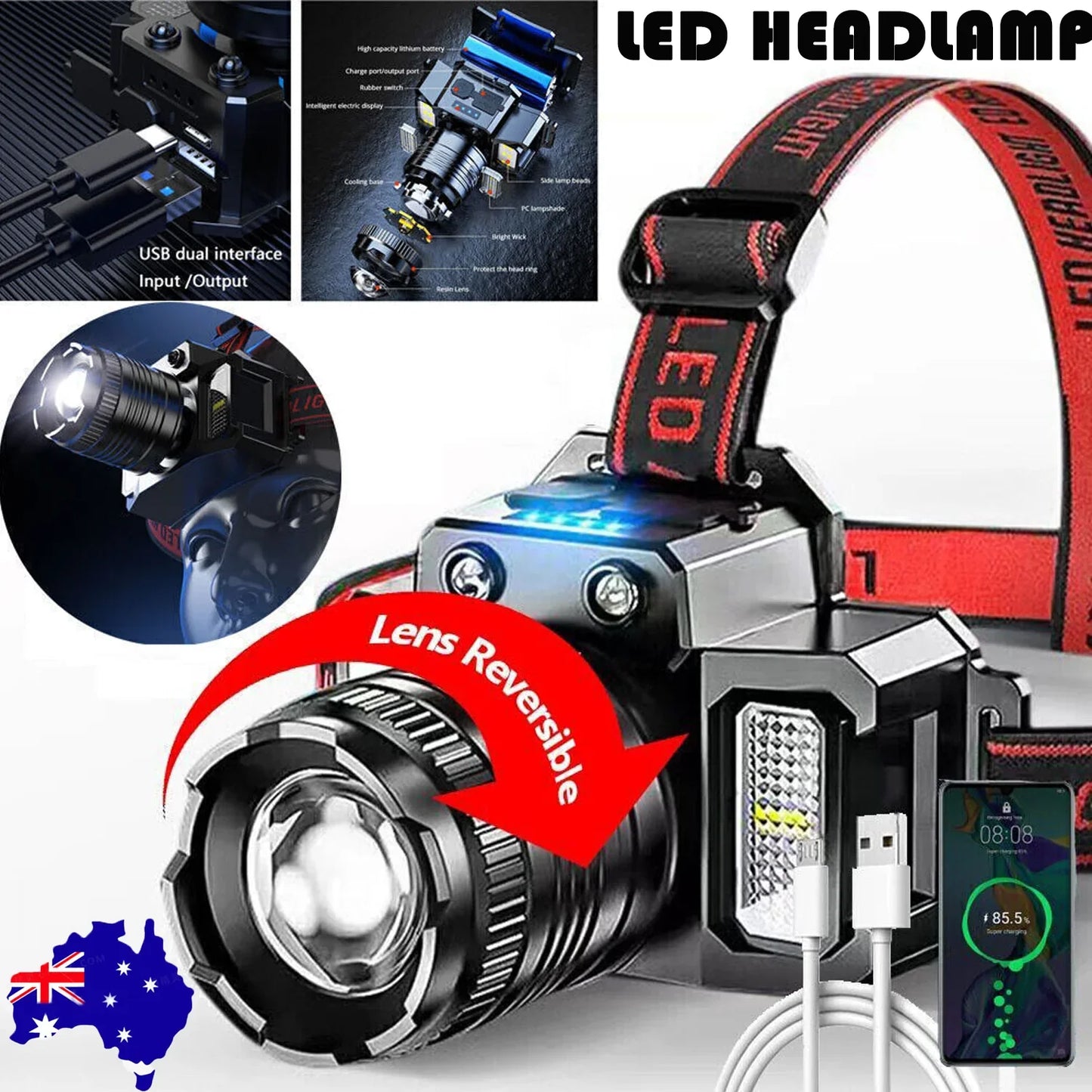 900000LM LED Headlamp Rechargeable Headlight Zoomable Head Torch Lamp Flashlight - Wahtrends