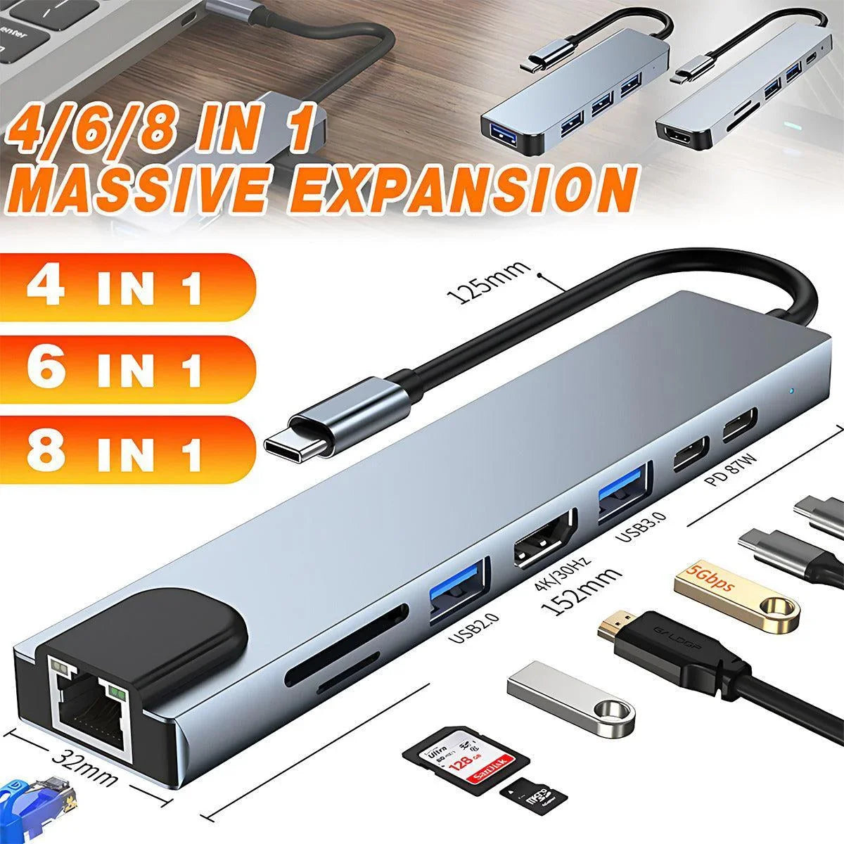 8/6/4-In-1 Usb-C Hub Adapter Type-C Hub Hdmi For Macbook Pro/Air Ipad Pro Laptop - 6-IN-1 - Wahtrends