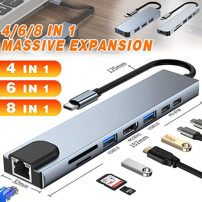 8/6/4-In-1 Usb-C Hub Adapter Type-C Hub Hdmi For Macbook Pro/Air Ipad Pro Laptop - 6-IN-1 - Wahtrends