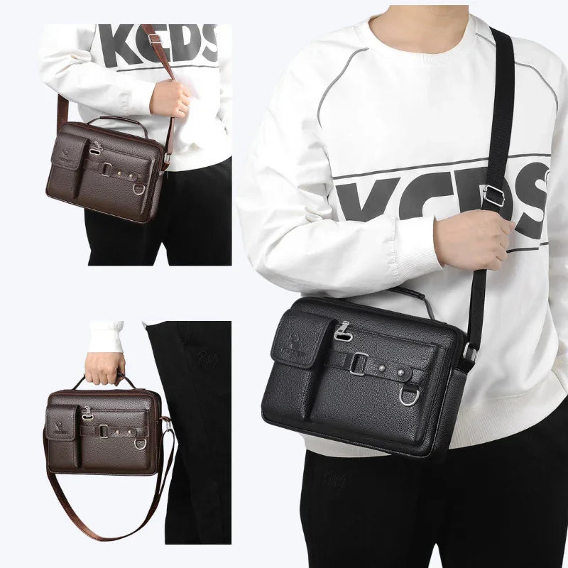 Black lychee pattern Men's Crossbody Shoulder Bag - Premium PU Leather Business & Commute Sling Bag - Wahtrends