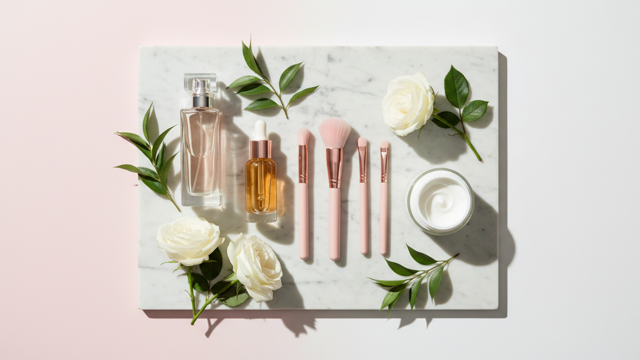 Cosmetic set with bottles, brushes, and cream on a marble slab with flowers and leaves.
