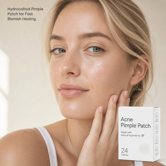 Woman holding a box of Acne Pimple Patch with text about hydrocolloid patches for fast blemish healing.