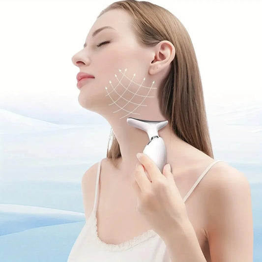 Woman using white facial lifting device on neck with arrows showing skin tightening effect